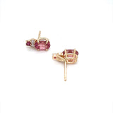 Pink Tourmaline, Ruby, and Diamond Cluster Stud Earrings 14k Yellow Gold